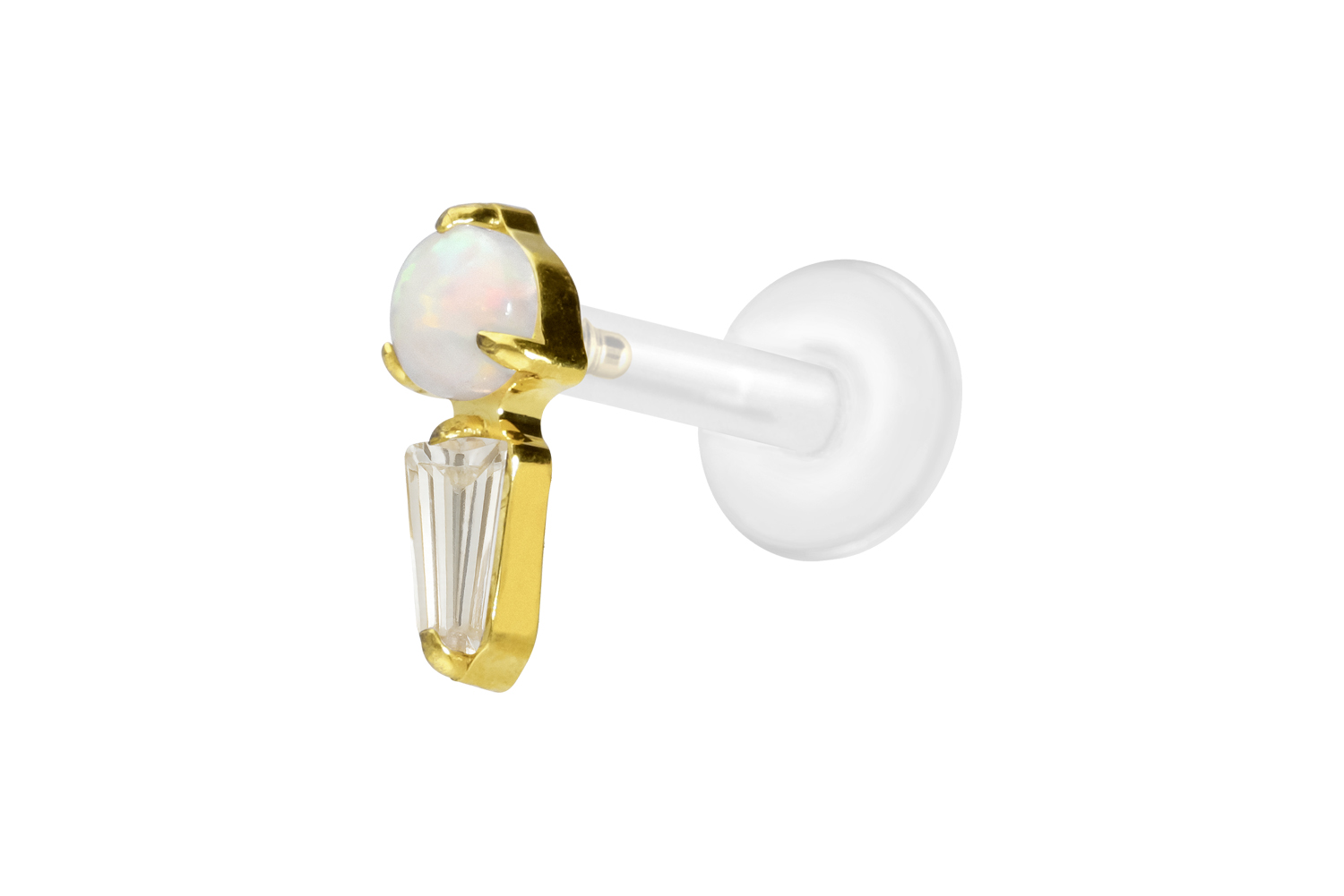 PTFE Labret Piercing mit Innengewinde + Titan-Aufsatz SYNTHETISCHER OPAL + KRISTALLRECHTECK